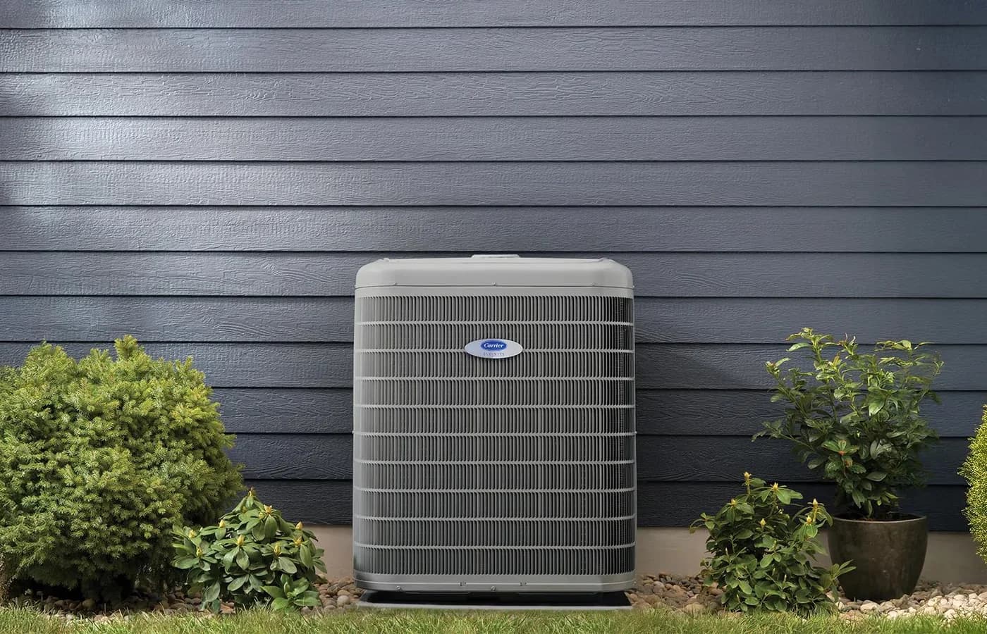 Carrier Infinity heat pump installed outside a blue-sided home