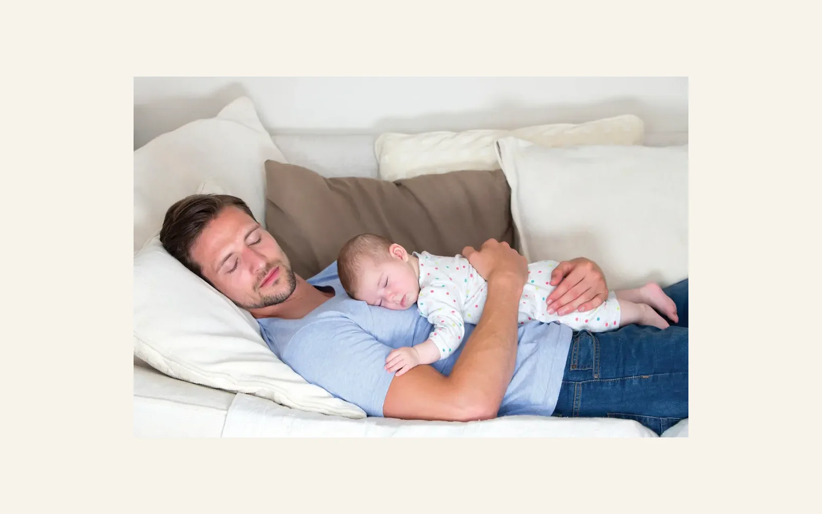 Family resting on a couch in Fujitsu heat pump comfort imagery