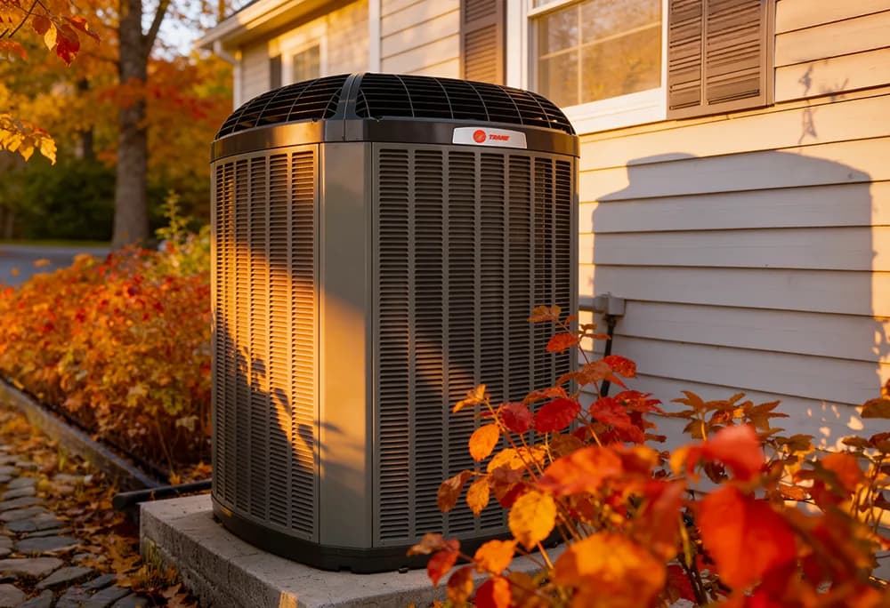 Trane XV20i-class heat pump outdoor unit installed beside a home in autumn