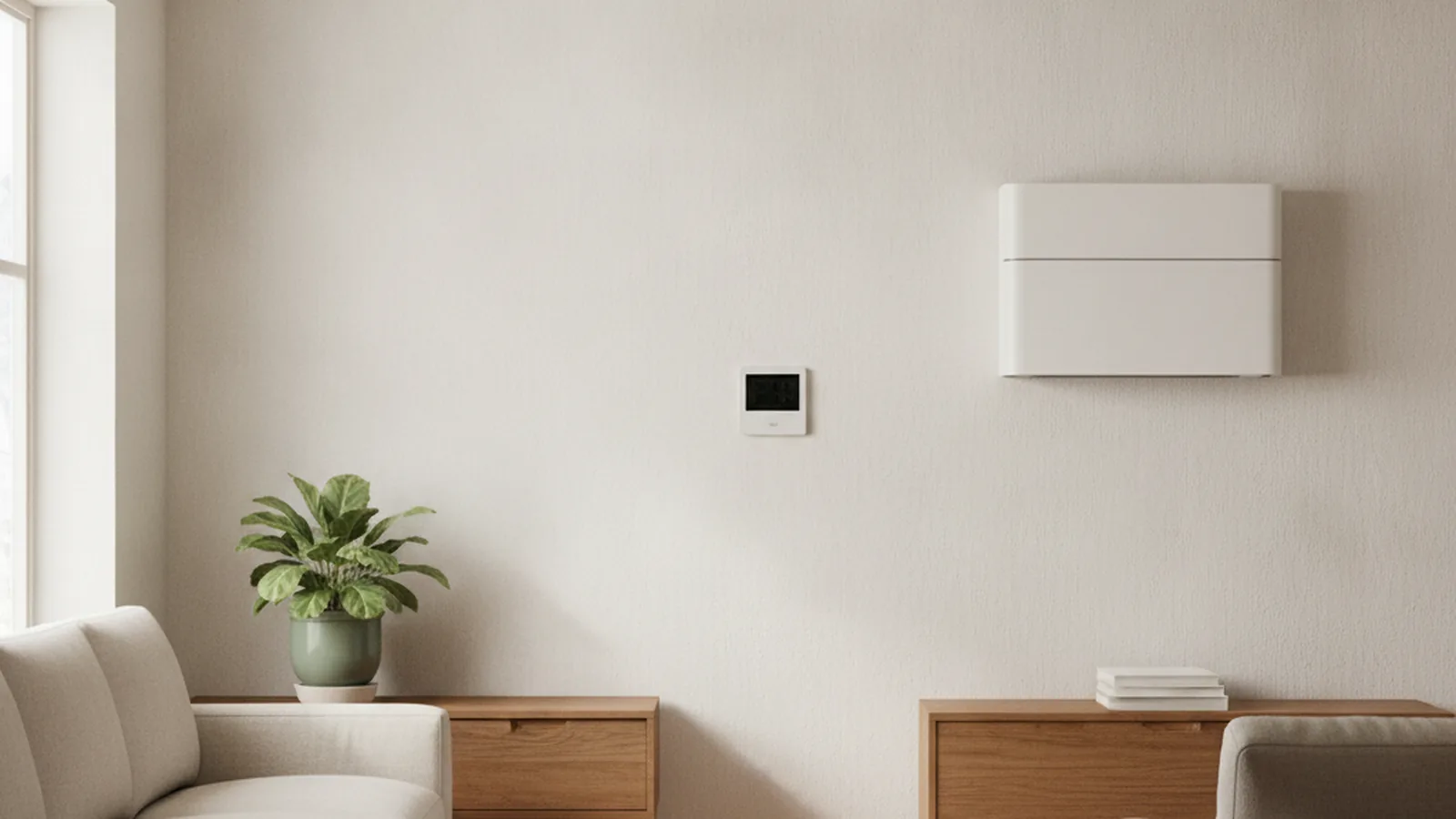 Split home interior showing a ceiling duct register and a wall-mounted mini-split head