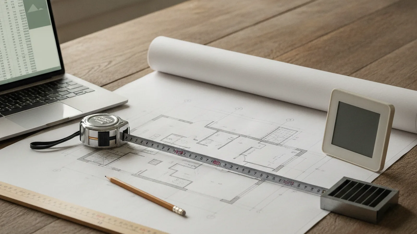 Tape measure, floor plan, laptop load calculation, and thermostat for heat pump sizing