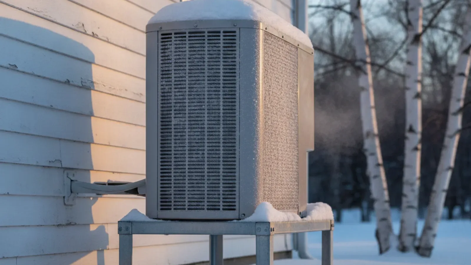Outdoor heat pump condenser raised on a steel stand above deep snow in low winter sun, frost visible across the coil fins