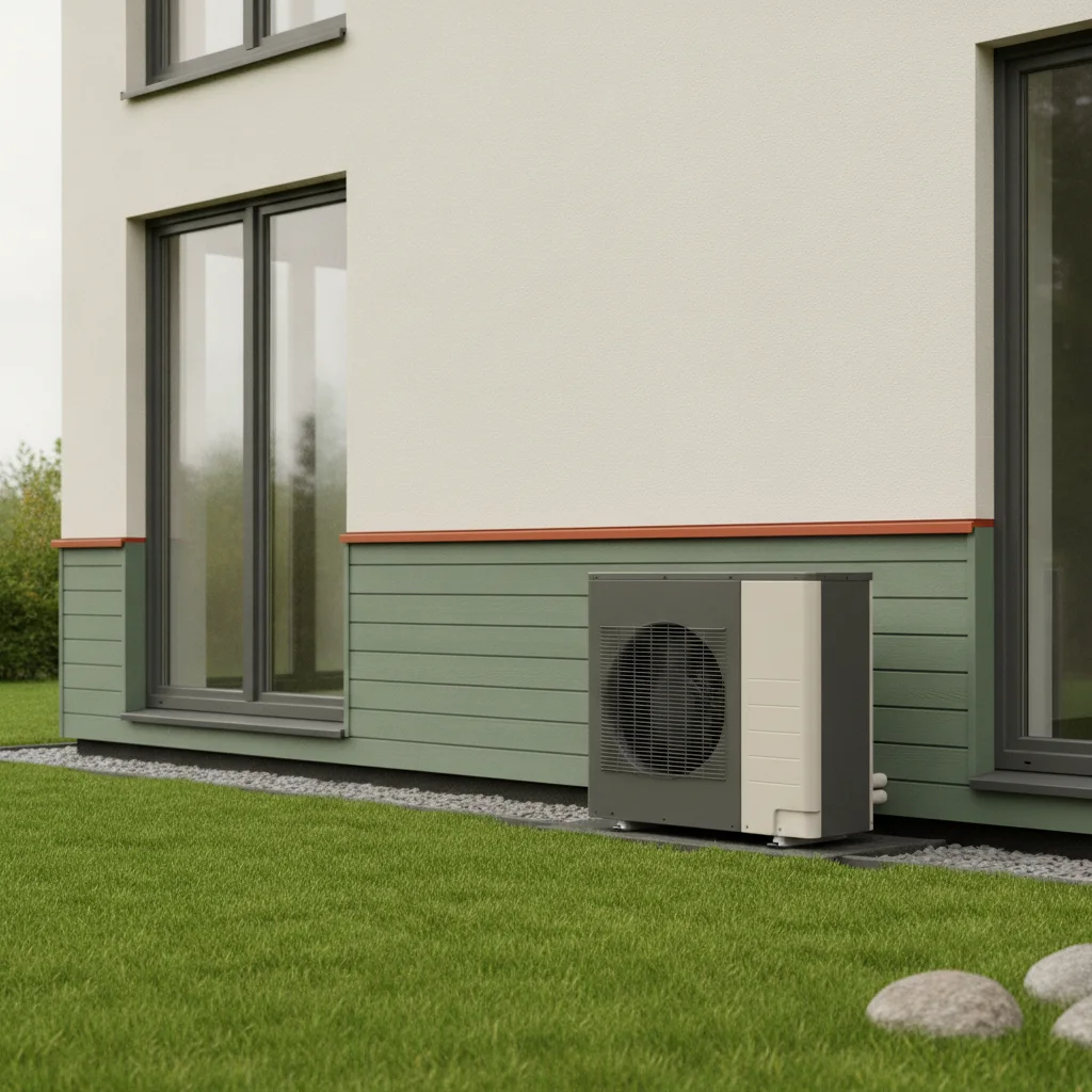 Heat pump quote paperwork, thermostat, and outdoor unit in a calm editorial buyer scene